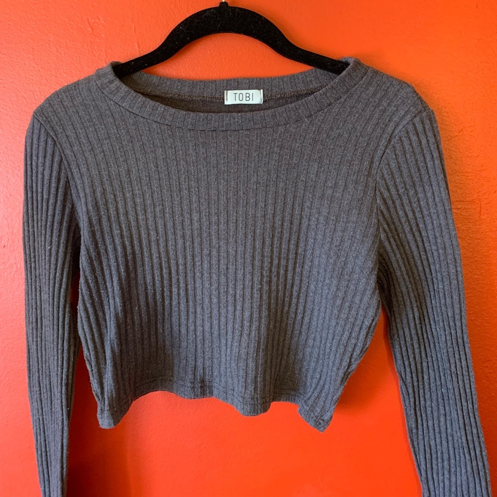 Cropped Knit Ribbed Brown Top - Picture 3 of 4